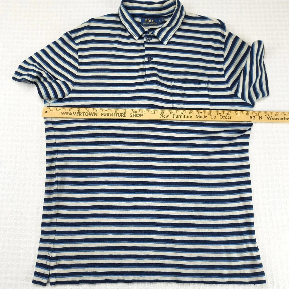 Polo Ralph Lauren Mens Large Blue White‎ Striped Short Sleeve Pocket Polo Shirt
